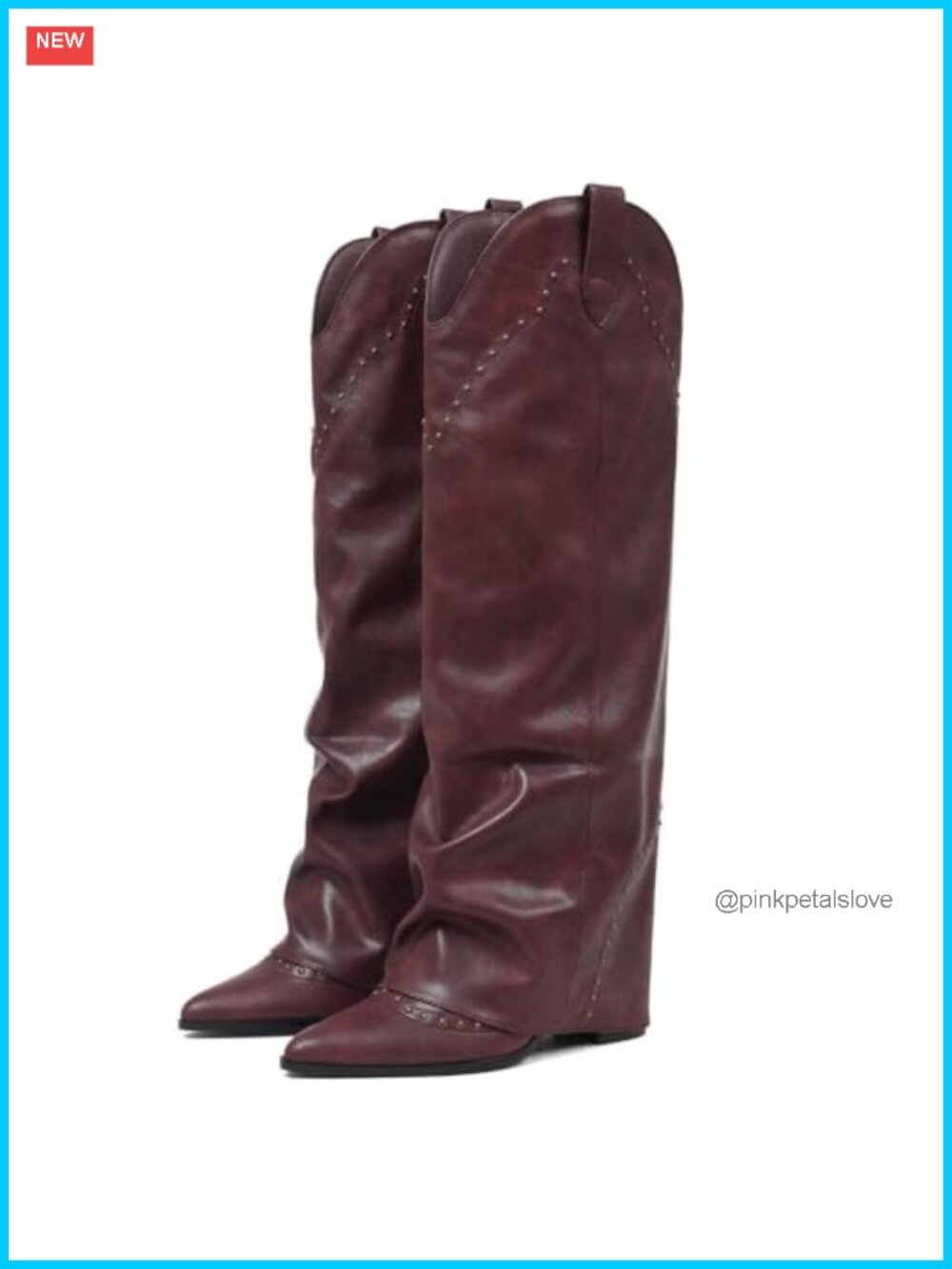 Womens Knee High Cowboy Boots Fold Over Chunky Heel Vegan Leather
